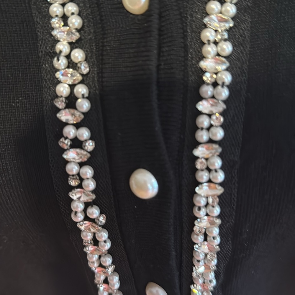 Charter club size large black faux pearl button up cardigan with rhinestone trim - Picture 3 of 5